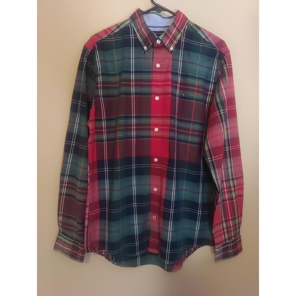 Tommy Hilfiger Men Red Green Plaid Button Down Collared Stretch ‎ Shirt Size M